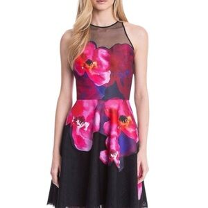 Badgley Mischka Jasmine Floral Print Cocktail Dress - Black Pink - Size 10